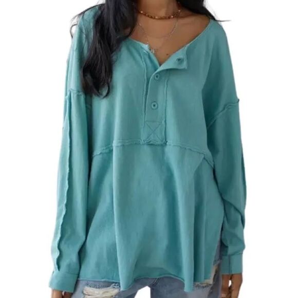 Urban Outfitters UO Freddie Henley Long sleeve blue teal top - Picture 1 of 5